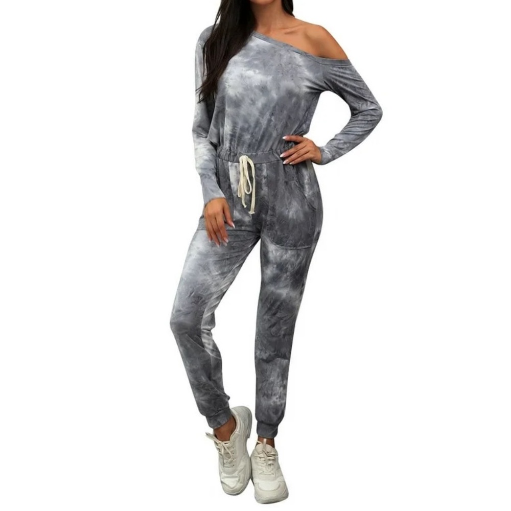 Lily Gray & Blue Tie Dye One Shoulder Off Shoulder Jumpsuit NEW